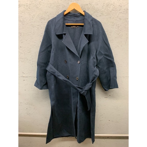 ASM Anna Wool Trench Coat Women's Small Navy Blue Double‎ Breasted Belted - Picture 1 of 12